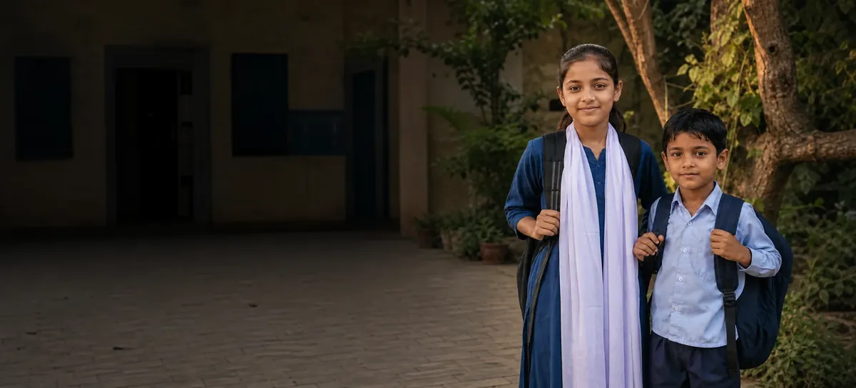Two schoolchildren with their school bags